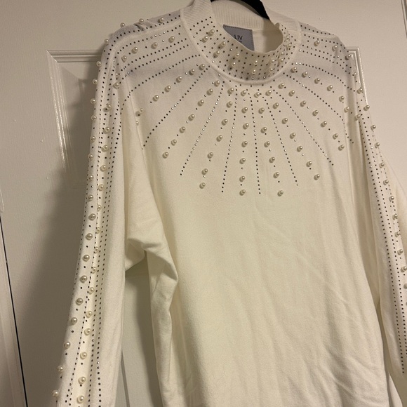 LIV Milano Pearl & Rhinestone Starburst Sweater - Ivory Mock Neck #QuietLuxury - Picture 4 of 8